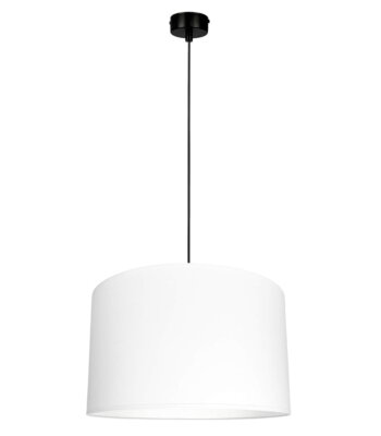 Biała lampa wisząca BASE I z białym bawełnianym abażurem i czarnym zawieszeniem.